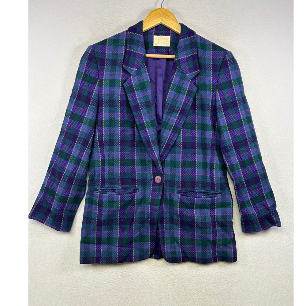 Vintage Pendleton‎ Womens 8 Purple Green Plaid Wool Single Button Blazer Jacket